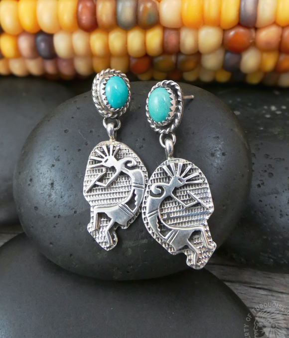 Native American Turquoise Sterling Silver Kokopelli Dangle Post Earrings