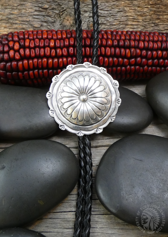 Native American Navajo Concho Bolo Tie 925 Sterling Silver, Signed by Blackgoat