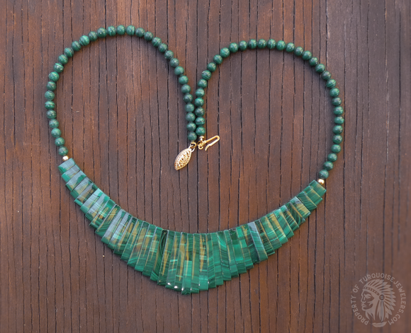 Malachite & 14K Gold Bead Bib Egyptian Cleopatra Style Fringe Necklace