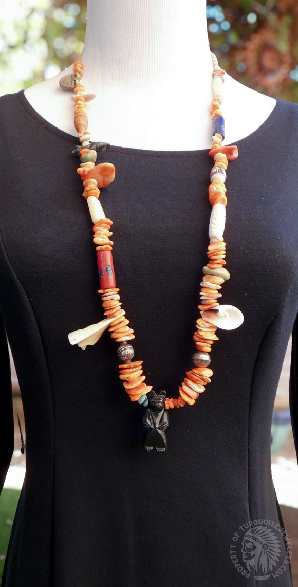 Native American Santo Domingo Spiny Oyster Beads Onyx Bear Fetish Necklace 34