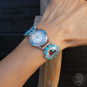 Zuni Turquoise Mother of Pearl Multi Inlay Sunface Watch Native American