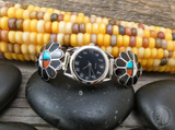 Native American Zuni Silver Onyx Turquoise Multi Inlay Sunface Watch Band