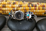 Native American Zuni Silver Onyx Turquoise Multi Inlay Sunface Watch Band