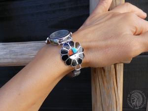 Native American Zuni Silver Onyx Turquoise Multi Inlay Sunface Watch Band