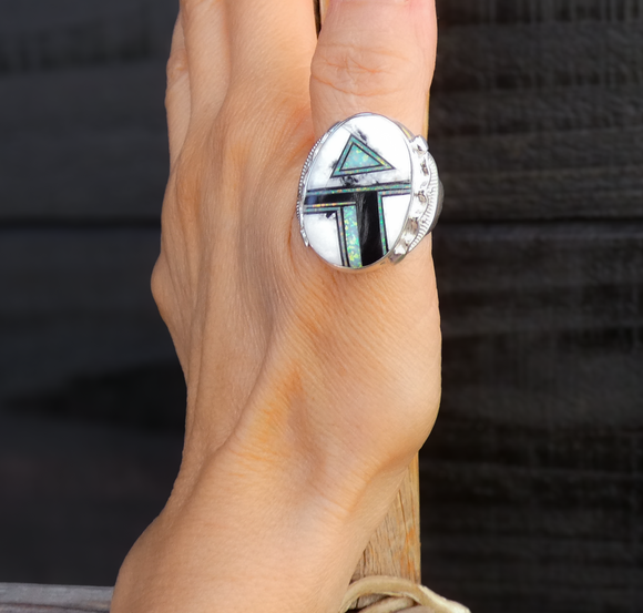 Native American Navajo Sterling Silver White Buffalo Men's Ring Size 12