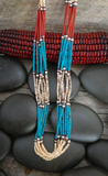 Native American Coral Turquoise Pin Shell Layered 7 Strand Heishi Necklace