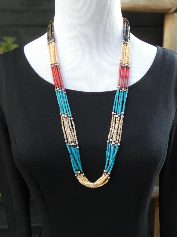 Native American Coral Turquoise Pin Shell Layered 7 Strand Heishi Necklace