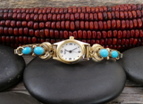 Women's Native American Navajo Turquoise 12KGF Silver Rose Leaf Watch Band