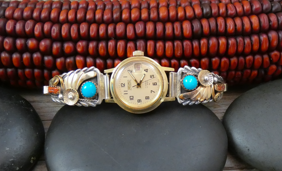 Native American Navajo 12KGF Silver Coral Turquoise Women's Watch