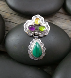 Navajo Vintage Silver Malachite Amethyst Peridot Citrine Cluster Pin Pendant