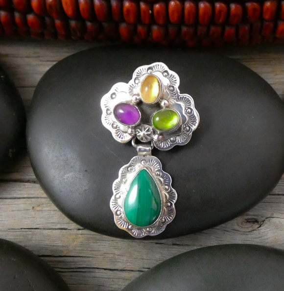 Navajo Vintage Silver Malachite Amethyst Peridot Citrine Cluster Pin Pendant