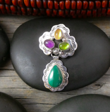 Navajo Vintage Silver Malachite Amethyst Peridot Citrine Cluster Pin Pendant