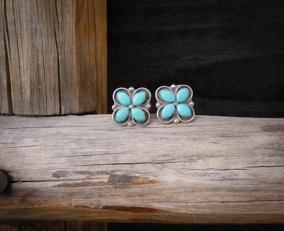 Native American Zuni Sterling Silver Turquoise Cluster 4 Leaf Clover Earrings