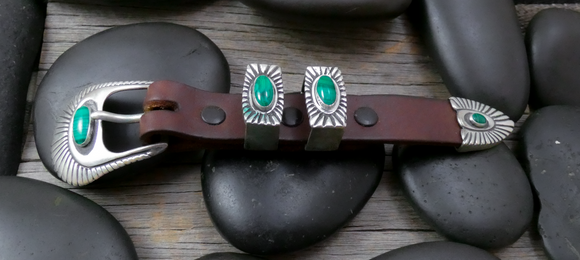 Native American Navajo Sterling Silver Malachite 4 Piece Ranger Buckle Set