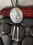 Native American Navajo Howling Coyote Moon Oval Sterling Silver Concho Bolo Tie