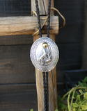 Native American Navajo Howling Coyote Moon Oval Sterling Silver Concho Bolo Tie