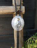 Native American Navajo Howling Coyote Moon Oval Sterling Silver Concho Bolo Tie