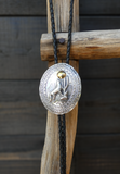 Native American Navajo Howling Coyote Moon Oval Sterling Silver Concho Bolo Tie