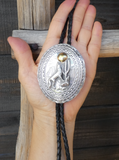 Native American Navajo Howling Coyote Moon Oval Sterling Silver Concho Bolo Tie