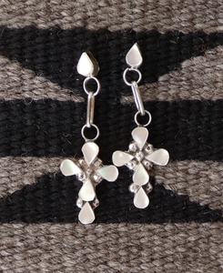 Zuni Sterling Silver Mother of Pearl Inlay Post Cross Dangle Earrings Vintage