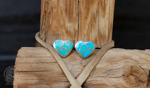 Native American Vintage Zuni Turquoise Silver Channel Inlay Heart Post Earrings