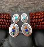 Large Navajo Sterling Silver Turquoise Coral Multi Stone Concho Dangle Earrings