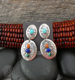 Large Navajo Sterling Silver Turquoise Coral Multi Stone Concho Dangle Earrings