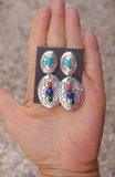 Large Navajo Sterling Silver Turquoise Coral Multi Stone Concho Dangle Earrings