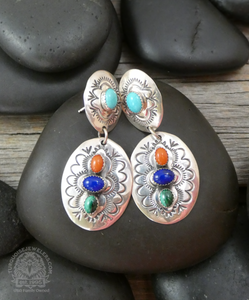 Large Navajo Sterling Silver Turquoise Coral Multi Stone Concho Dangle Earrings