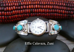 Native American Original Zuni Effie C Women’s Silver Turquoise Snake Watch Band