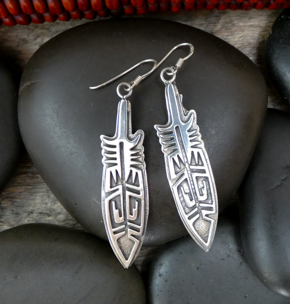 Large Native American Navajo Hopi Style Sterling Silver Feather Earrings