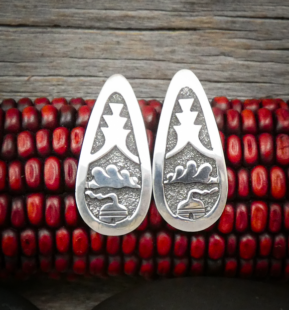 Native American Navajo Folk Art Sterling Silver Story Post Earrings