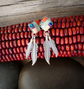 Native American Silver Turquoise Multi Inlay Silver Feather Dangle Earrings