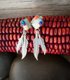 Native American Silver Turquoise Multi Inlay Silver Feather Dangle Earrings