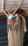 Native American Silver Turquoise Multi Inlay Silver Feather Dangle Earrings