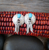 Native American Navajo Sterling Silver Turquoise Feather Post Drop Earrings