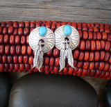 Native American Navajo Sterling Silver Turquoise Feather Post Drop Earrings