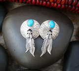 Native American Navajo Sterling Silver Turquoise Feather Post Drop Earrings