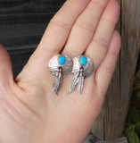 Native American Navajo Sterling Silver Turquoise Feather Post Drop Earrings