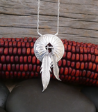 Navajo Sterling Silver Feather Dangle Concho Pendant & Chain 19"