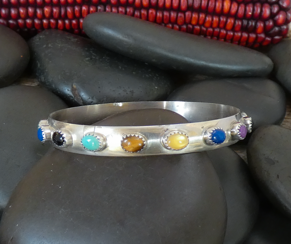 Navajo Turquoise Lapis Sugilite Coral Multi Stone Silver Bangle Bracelet