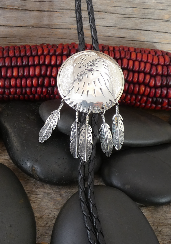 Native American Navajo Vintage Sterling Silver Eagle & Feathers Bolo Tie