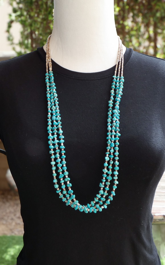 Santo Domingo Turquoise Nugget Bead 3 Strand Necklace Vintage