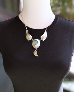 Vintage Native American Navajo Turquoise Silver Shadowbox Feather Necklace
