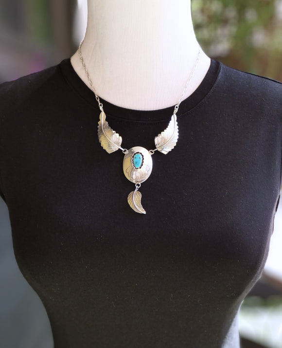 Vintage Native American Navajo Turquoise Silver Shadowbox Feather Necklace