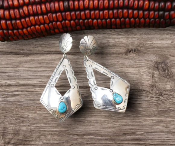 Navajo Turquoise Earrings, Native American 925 Sterling Silver Turquoise Dangles