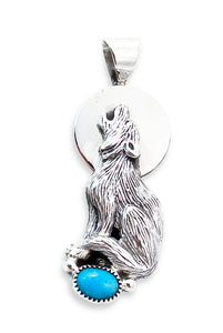 Navajo Silver Howling Coyote Moon Turquoise Pendant