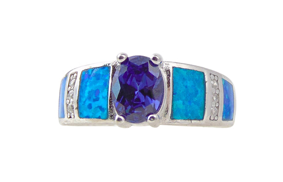 Sapphire Cubic Zirconia Blue Fire Opal Silver Ring Size 7