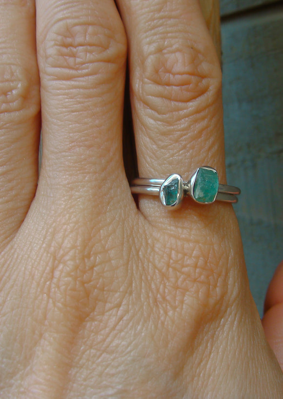 Raw Emerald Silver Stacking Ring SET Size 8