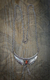 Native American Coral Silver Feather Bar Necklace